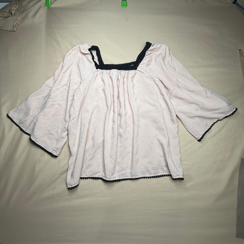 Decree Womens XL Pink Peasant Blouse Black Lace Trim Bell Sleeve Square Neck